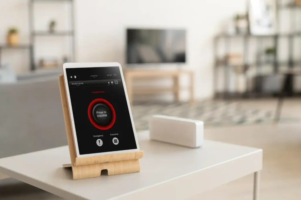Dispositivo smart home di ultima generazione, con design minimalista, posto su un tavolo bianco.
