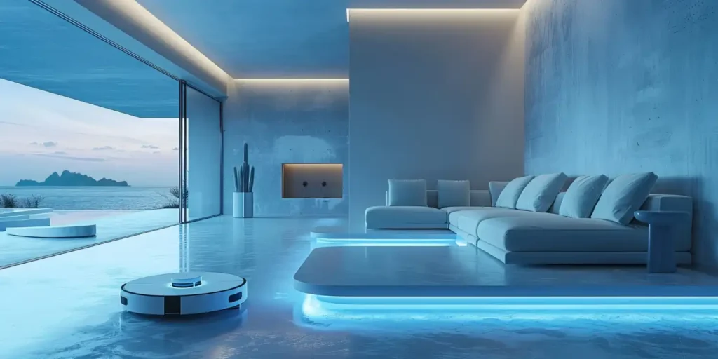 Vista di una casa moderna con dispositivi e tecnologia smart home, che offre comfort e sicurezza avanzata.