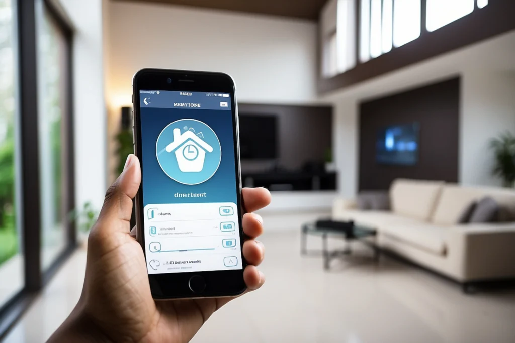 Smartphone che mostra un'app per la gestione e il monitoraggio di dispositivi casa intelligente.