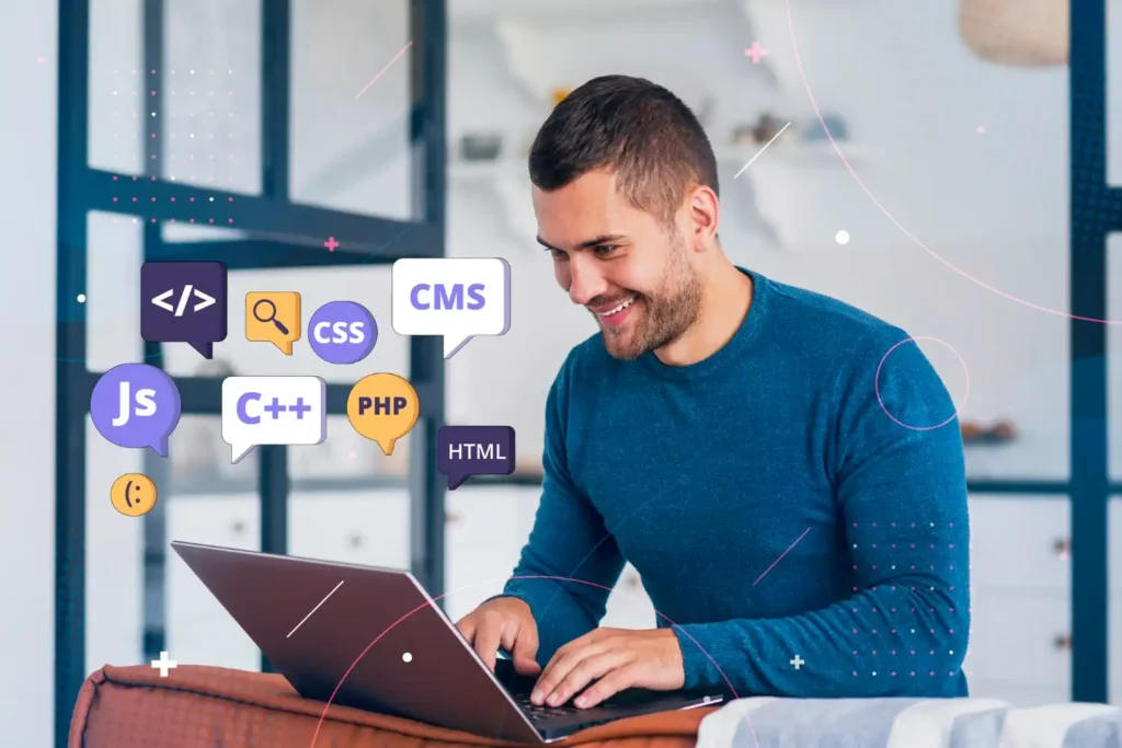Cliente felice di aver scelto un ottimo web developer di Volta Next Generations: Un cliente sorridente stringe la mano a un web developer di Volta Next Generations, con uno sfondo che mostra uno schermo di computer con un sito web completato alla perfezione.