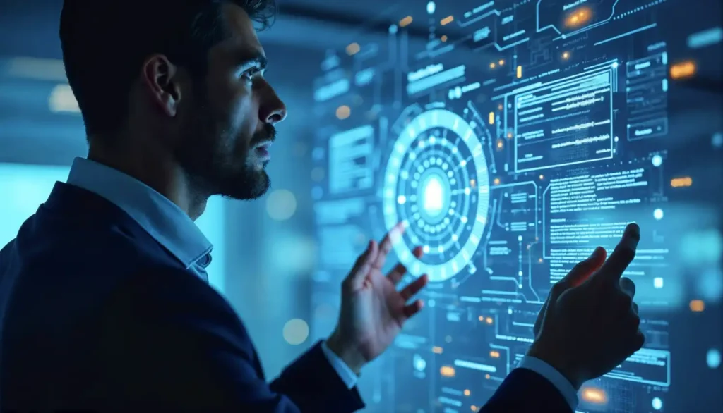 Ragazzo su pannello digitale: Un giovane professionista interagisce con un pannello digitale futuristico, circondato da grafiche high-tech e icone interattive, simbolo di innovazione tecnologica.
