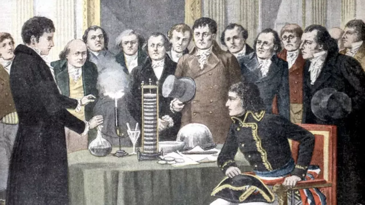 Alessandro Volta presenta la pila voltaica a un gruppo di scienziati.