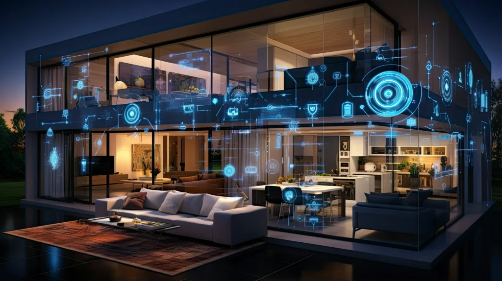Un interno moderno di casa intelligente con luci soffuse regolate automaticamente, una serratura elettronica sulla porta e dispositivi integrati visibili su una console centrale.
